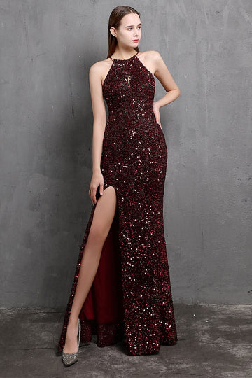 Burgundy Sequin Lange galajurk met Spleet